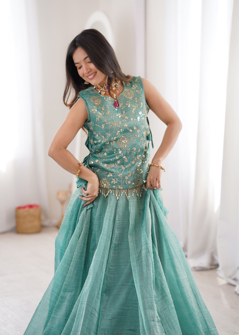 SKY COLOR EMBELLISHED EMBROIDERED LEHENGA CHOLI SET