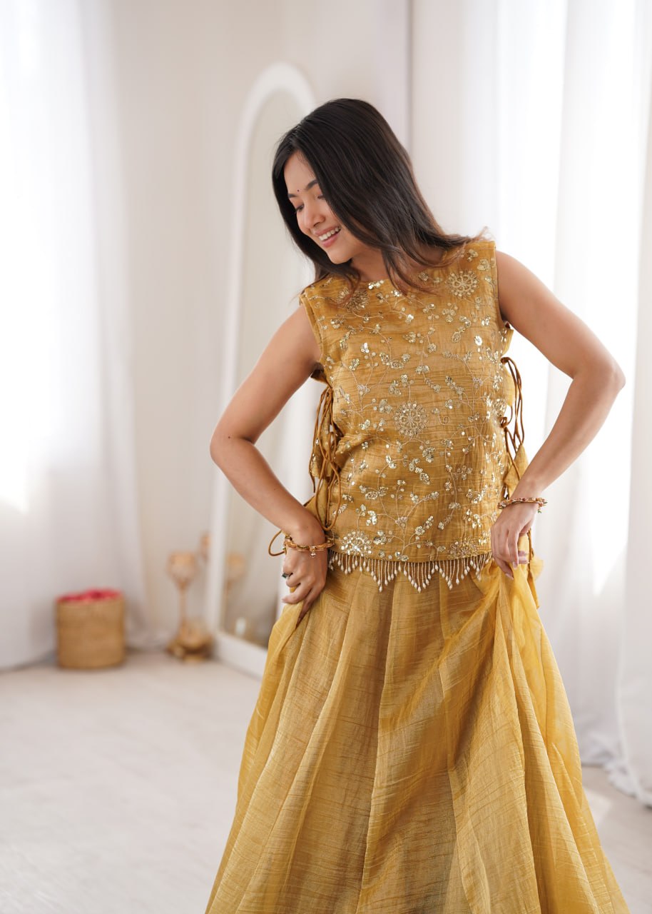 YELLOW GOLD COLOR EMBELLISHED EMBROIDERED LEHENGA CHOLI SET