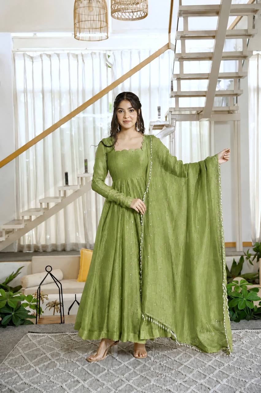 DESIGNER PISTACHIO GREEN FOIL EMBELLISHED FLARED ANARKALI SUIT SET