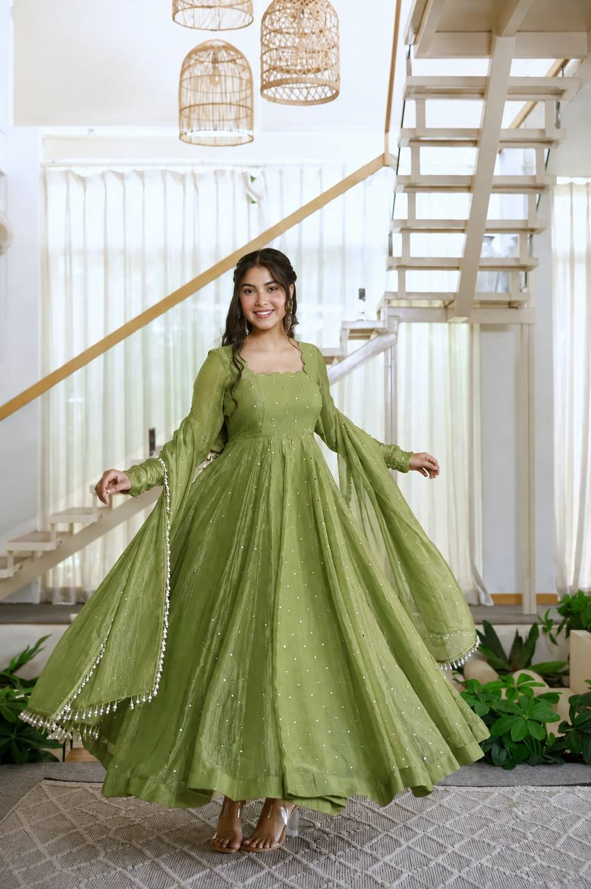 DESIGNER PISTACHIO GREEN FOIL EMBELLISHED FLARED ANARKALI SUIT SET