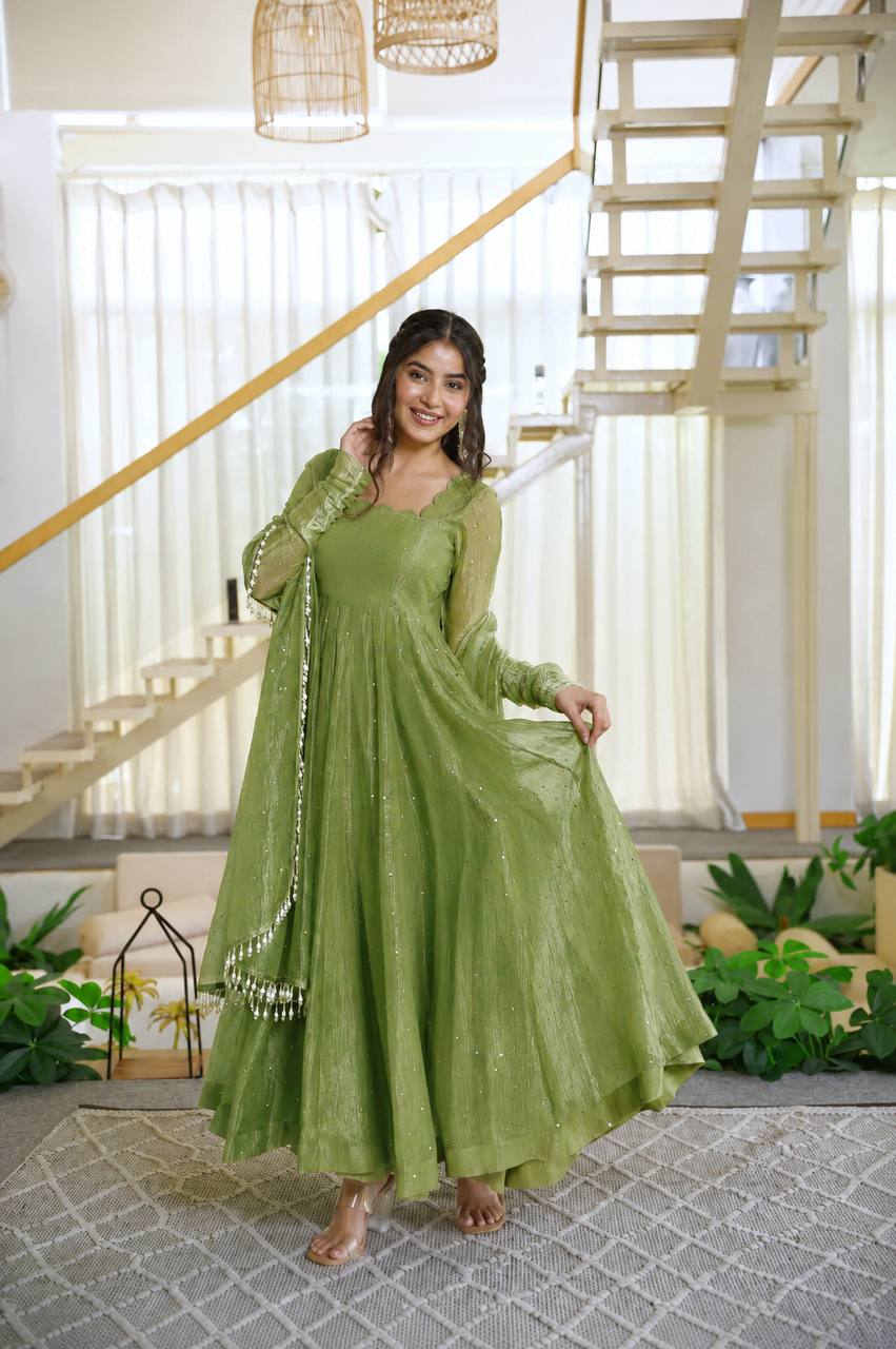 DESIGNER PISTACHIO GREEN FOIL EMBELLISHED FLARED ANARKALI SUIT SET