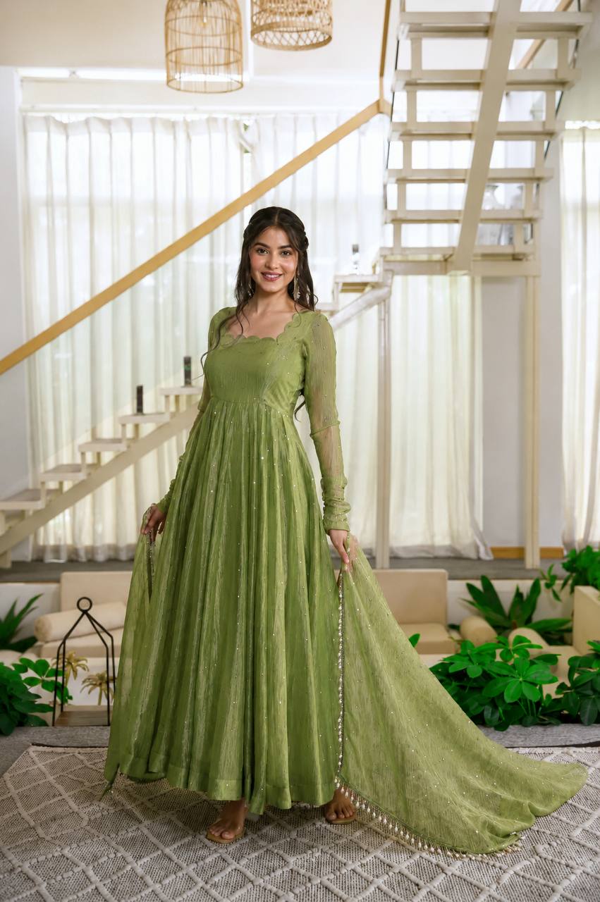 DESIGNER PISTACHIO GREEN FOIL EMBELLISHED FLARED ANARKALI SUIT SET
