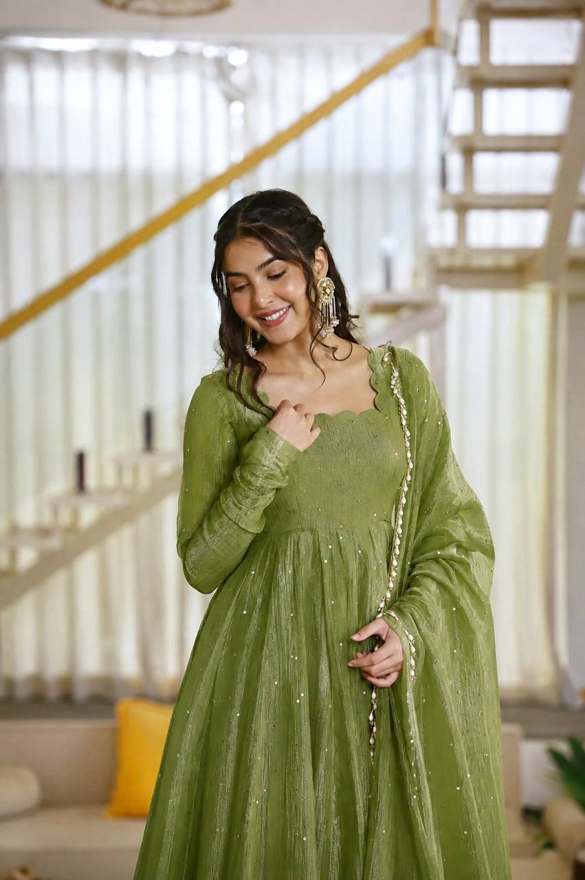 DESIGNER PISTACHIO GREEN FOIL EMBELLISHED FLARED ANARKALI SUIT SET