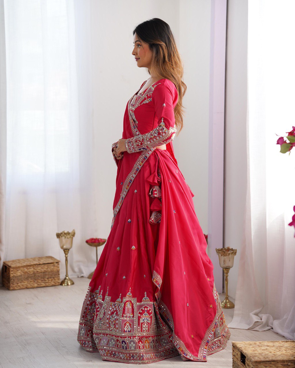 RED COLOR NATURAL CREPE SILK LEHENGA CHOLI