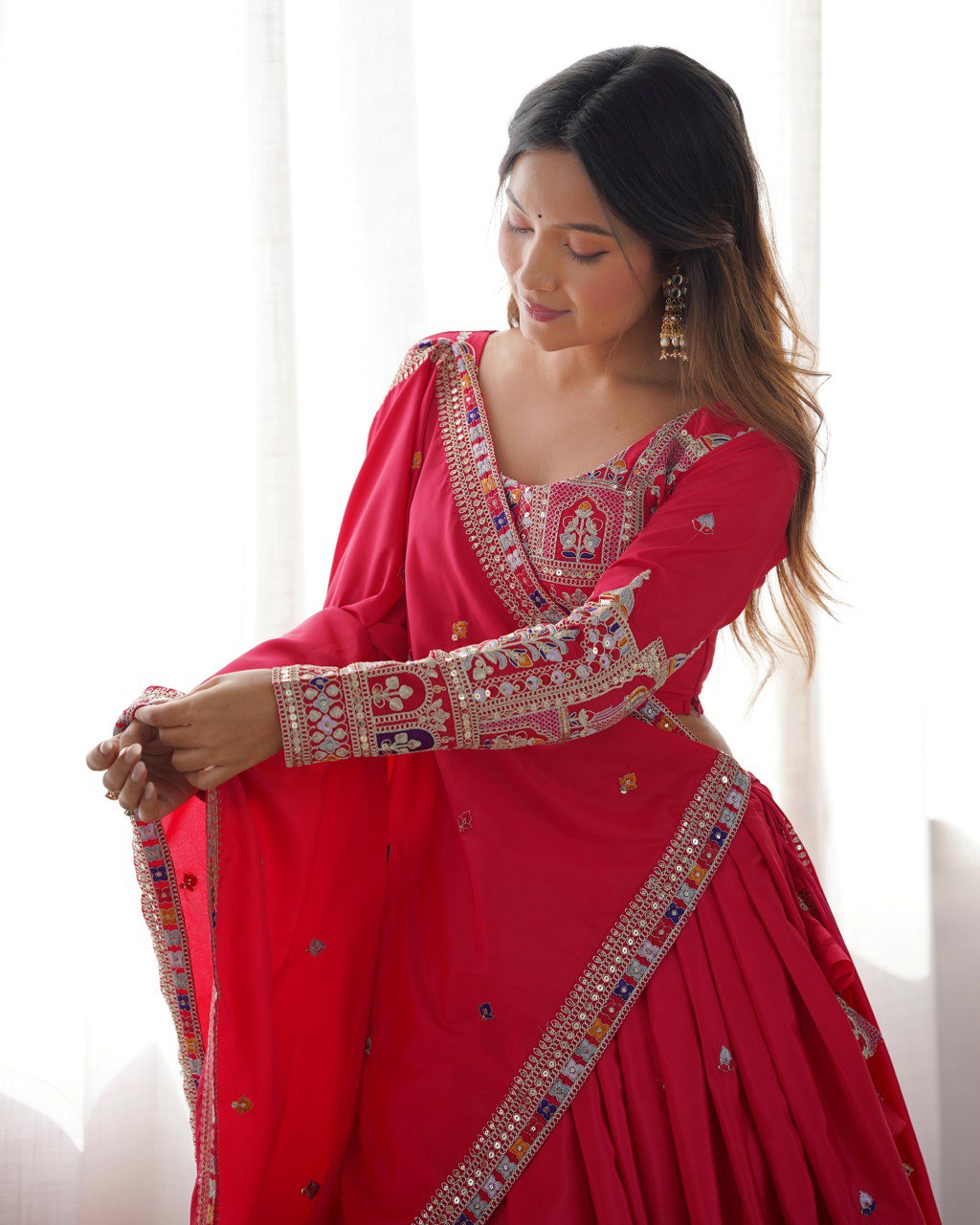 RED COLOR NATURAL CREPE SILK LEHENGA CHOLI