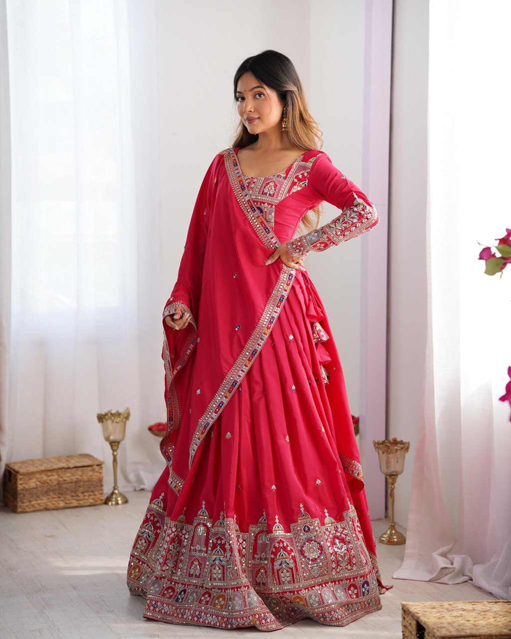 RED COLOR NATURAL CREPE SILK LEHENGA CHOLI