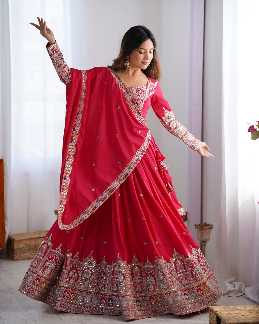 RED COLOR NATURAL CREPE SILK LEHENGA CHOLI