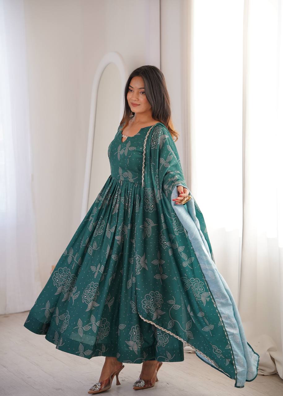 TEAL GREEN PRINTED MASLIN ANARKALI GOWN SET