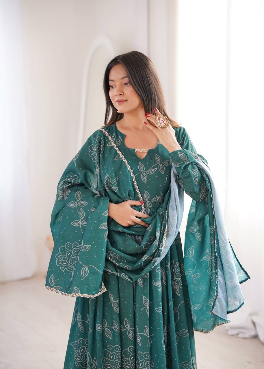 TEAL GREEN PRINTED MASLIN ANARKALI GOWN SET