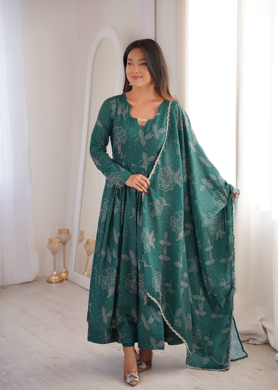 TEAL GREEN PRINTED MASLIN ANARKALI GOWN SET