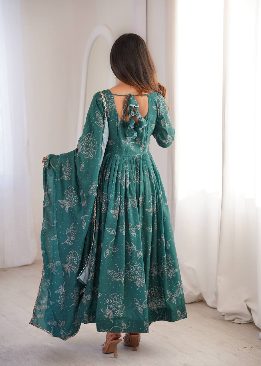TEAL GREEN PRINTED MASLIN ANARKALI GOWN SET