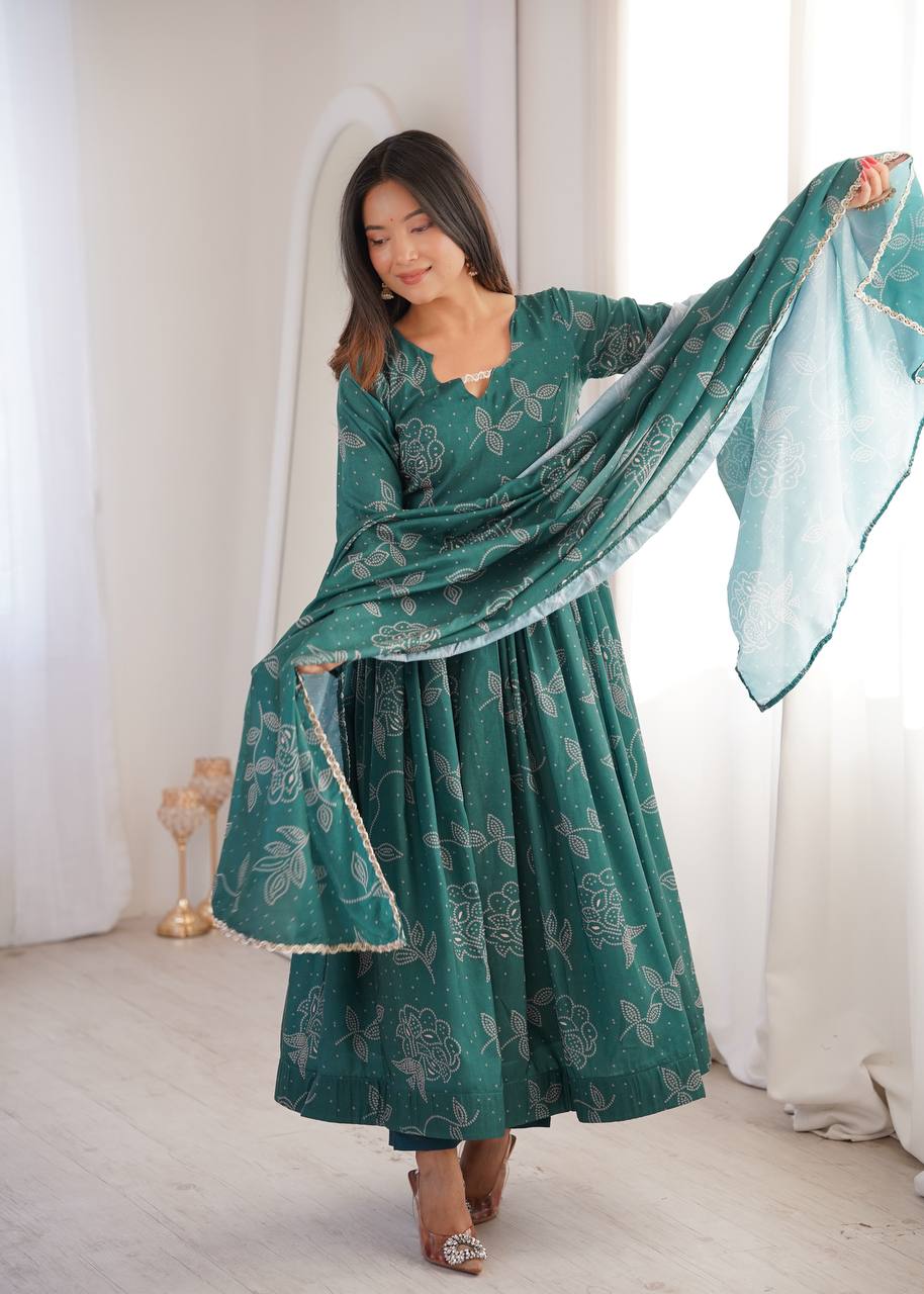 TEAL GREEN PRINTED MASLIN ANARKALI GOWN SET