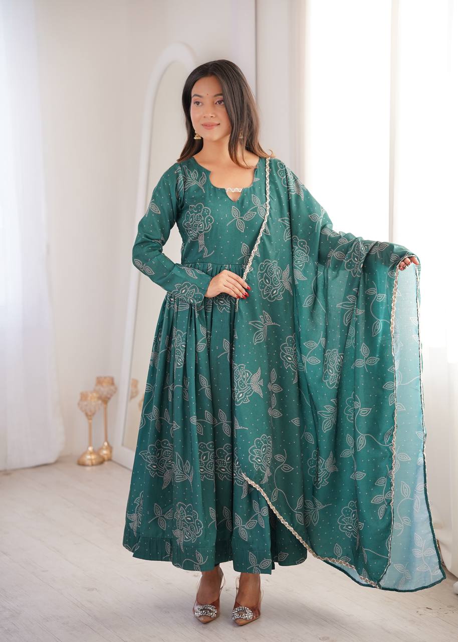TEAL GREEN PRINTED MASLIN ANARKALI GOWN SET