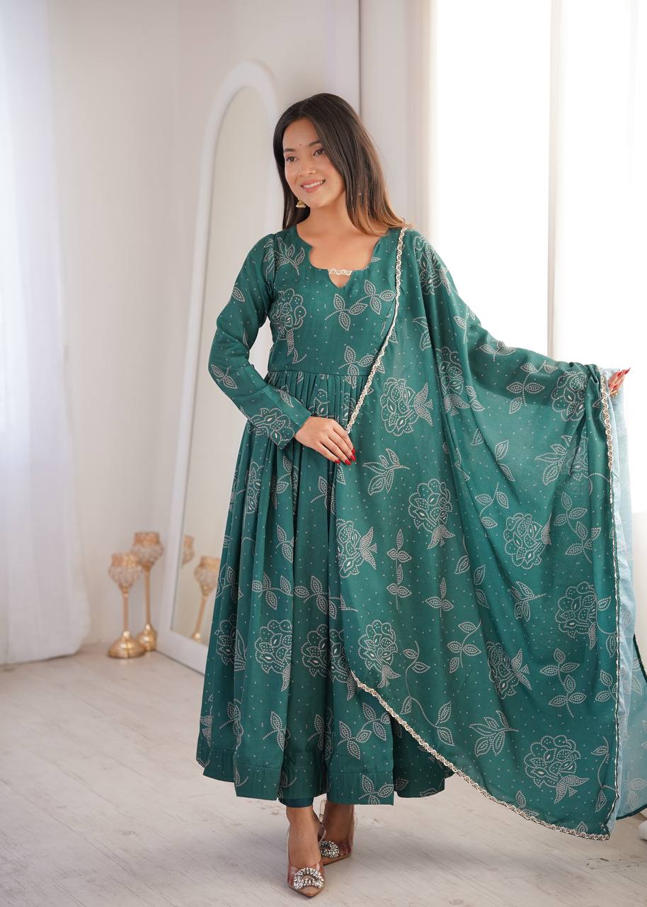 TEAL GREEN PRINTED MASLIN ANARKALI GOWN SET