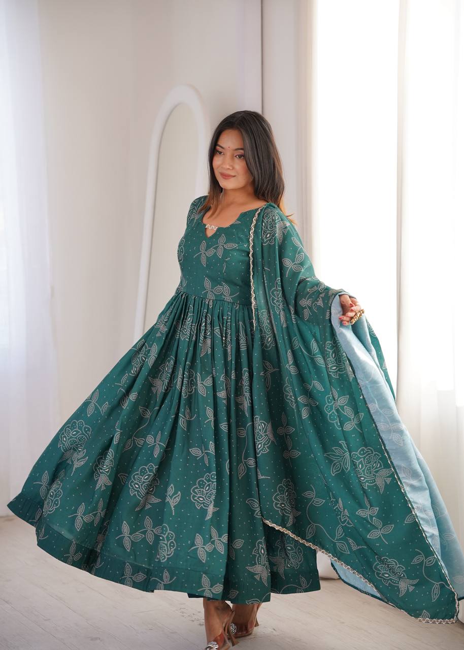 TEAL GREEN PRINTED MASLIN ANARKALI GOWN SET