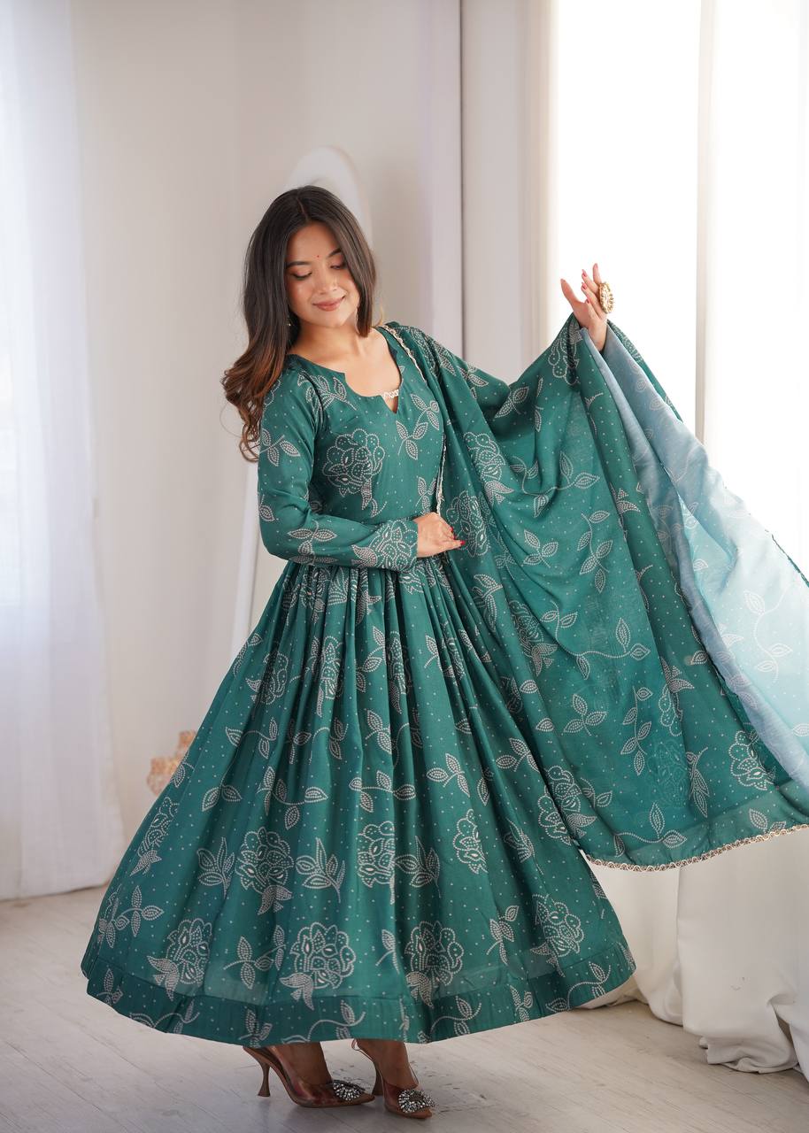 TEAL GREEN PRINTED MASLIN ANARKALI GOWN SET