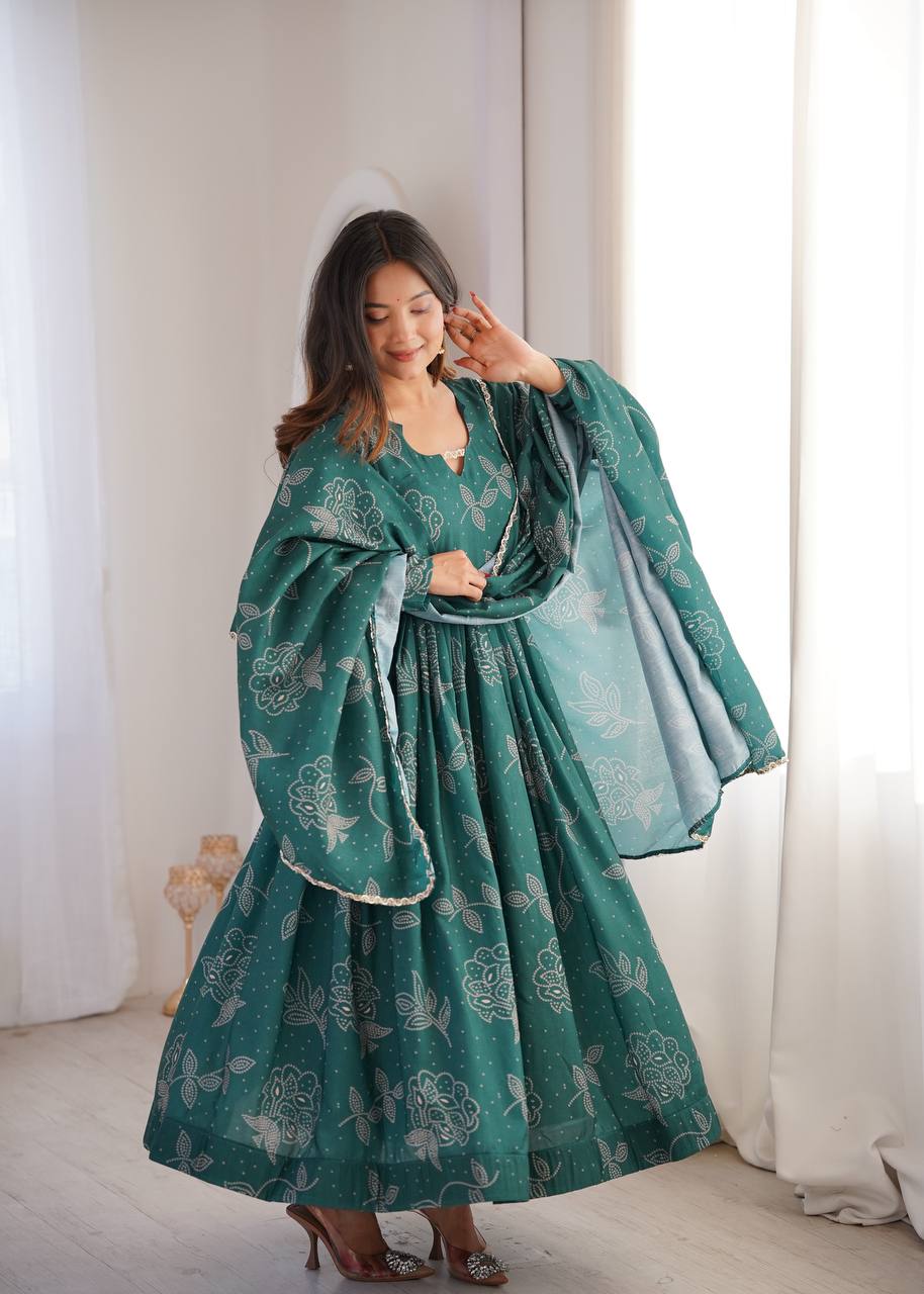 TEAL GREEN PRINTED MASLIN ANARKALI GOWN SET