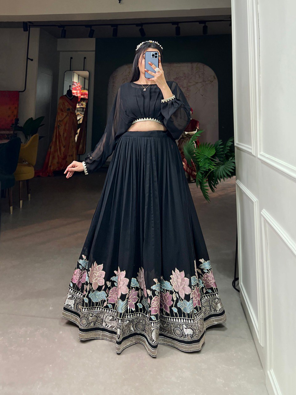 DESIGNER LOOK BLACK COLOR GEORGETTE BASE EMBROIDERED WORK LEHENGA CHOLI