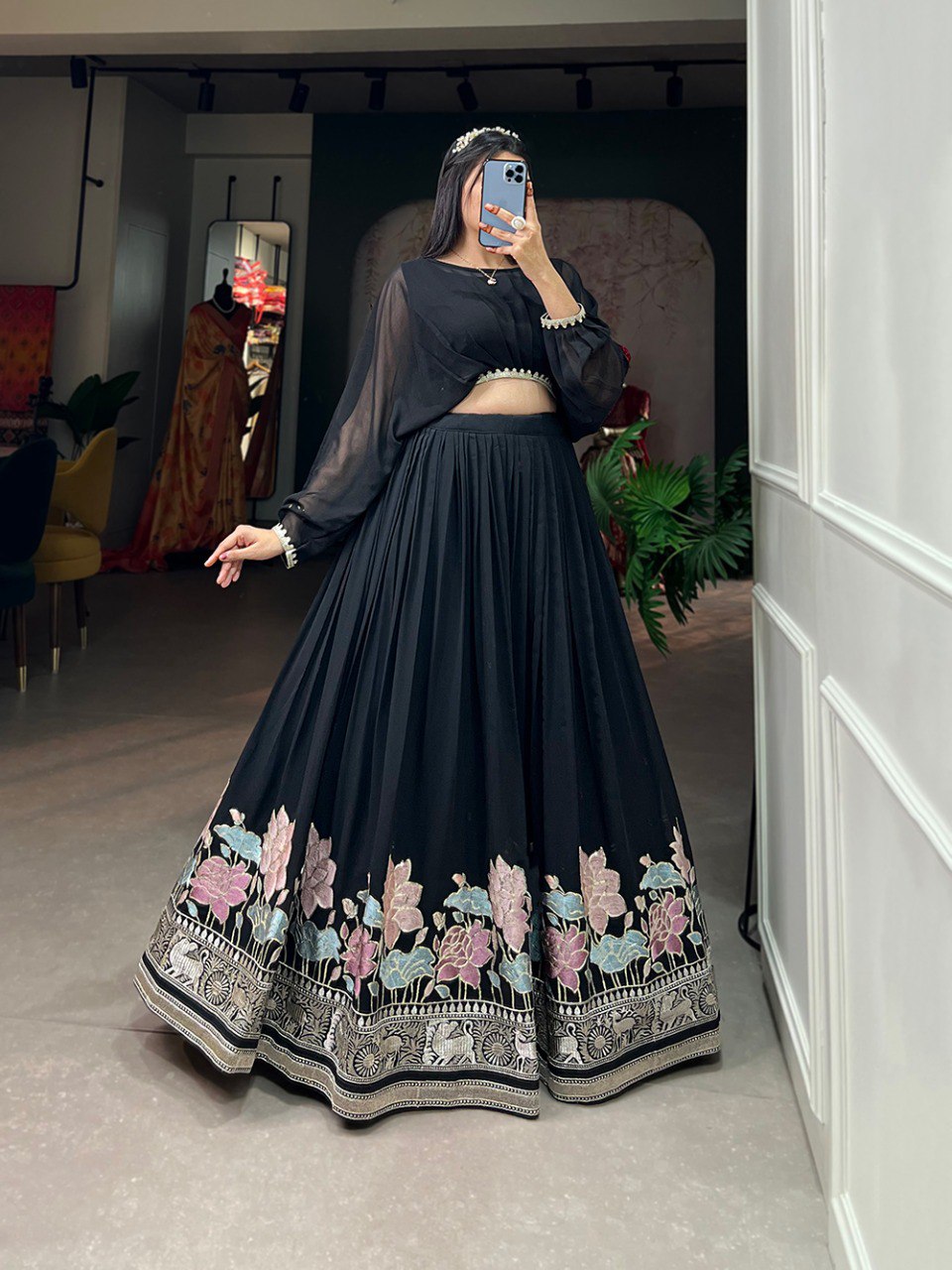 DESIGNER LOOK BLACK COLOR GEORGETTE BASE EMBROIDERED WORK LEHENGA CHOLI