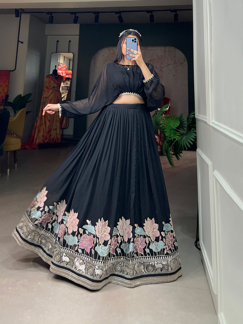 DESIGNER LOOK BLACK COLOR GEORGETTE BASE EMBROIDERED WORK LEHENGA CHOLI