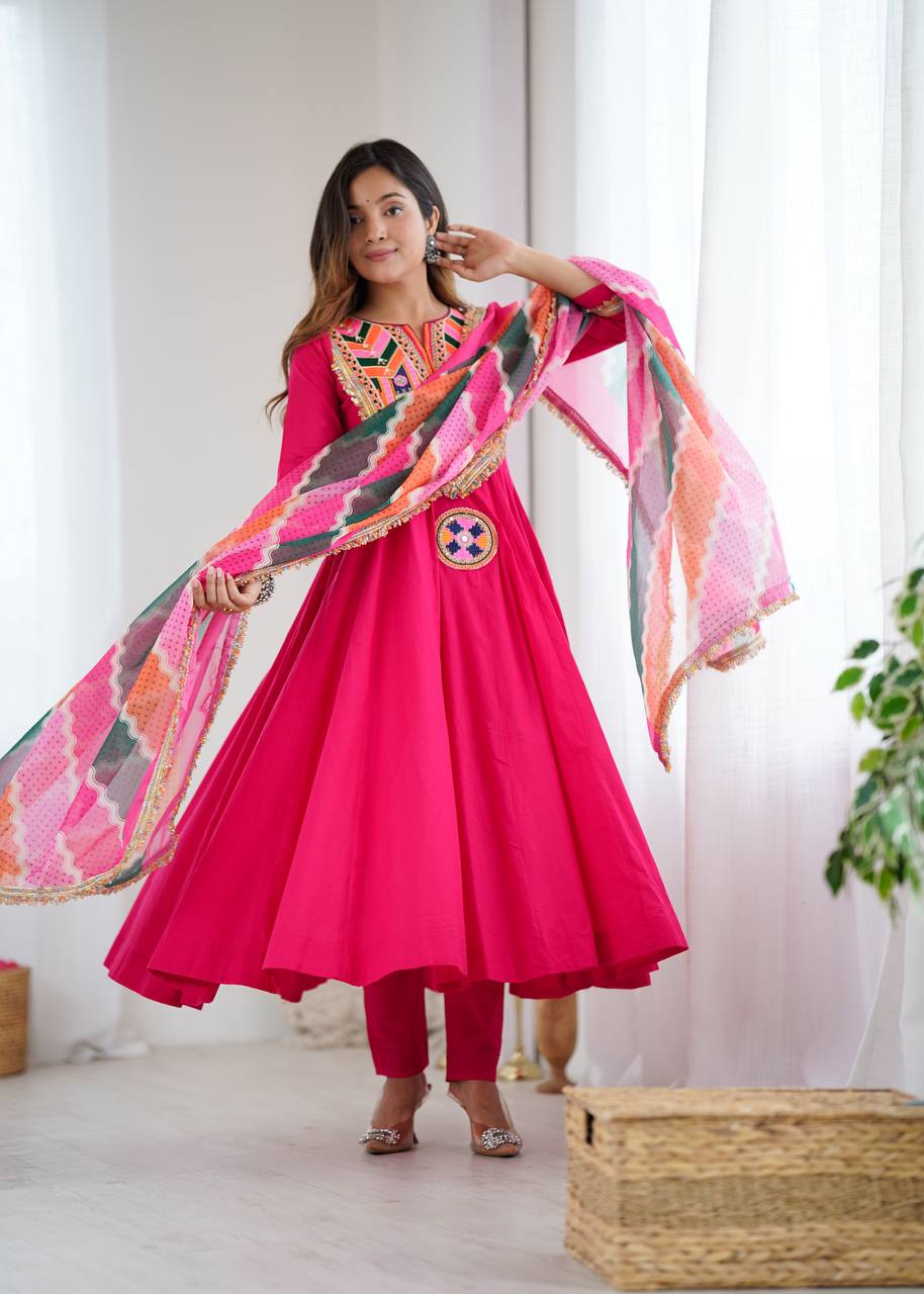 PINK COLOR NAVRATRI SPECIAL KHADI COTTON DESIGNER LOOK ANARKALI SET OF 3