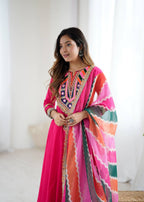 PINK COLOR NAVRATRI SPECIAL KHADI COTTON DESIGNER LOOK ANARKALI SET OF 3