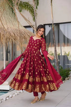 MAROON COLOR BANARASI VISCOSE GEORGETTE BASE ANARKALI SUIT SET OF 3
