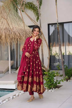 MAROON COLOR BANARASI VISCOSE GEORGETTE BASE ANARKALI SUIT SET OF 3