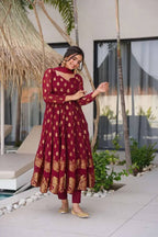 MAROON COLOR BANARASI VISCOSE GEORGETTE BASE ANARKALI SUIT SET OF 3