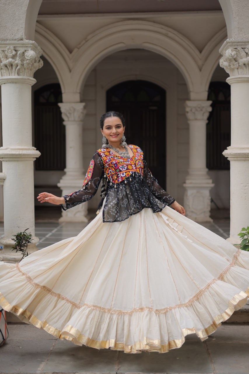 BLACK COLOR NAVRATRI SPECIAL KORA COTTON BASE STYLISH TOP WITH LEHENGA