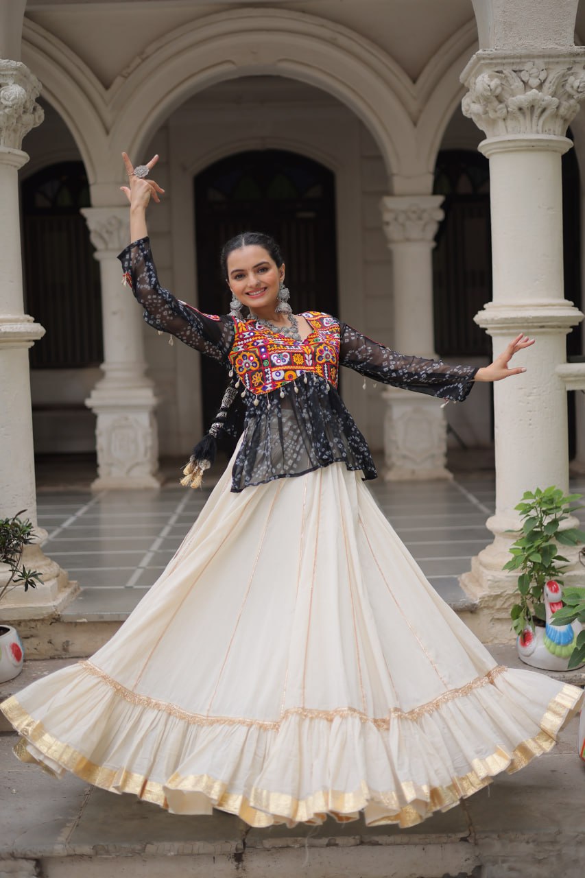 BLACK COLOR NAVRATRI SPECIAL KORA COTTON BASE STYLISH TOP WITH LEHENGA