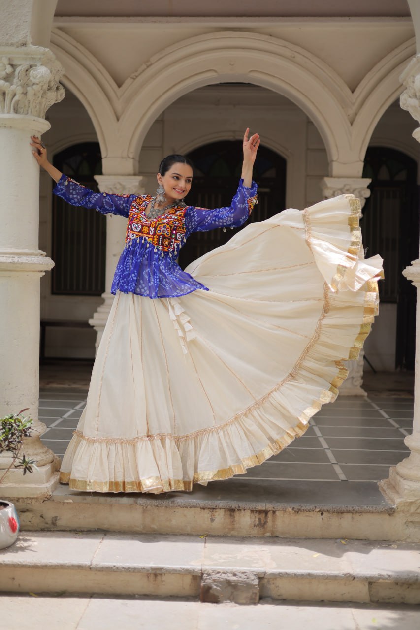 BLUE COLOR NAVRATRI SPECIAL KORA COTTON BASE STYLISH TOP WITH LEHENGA