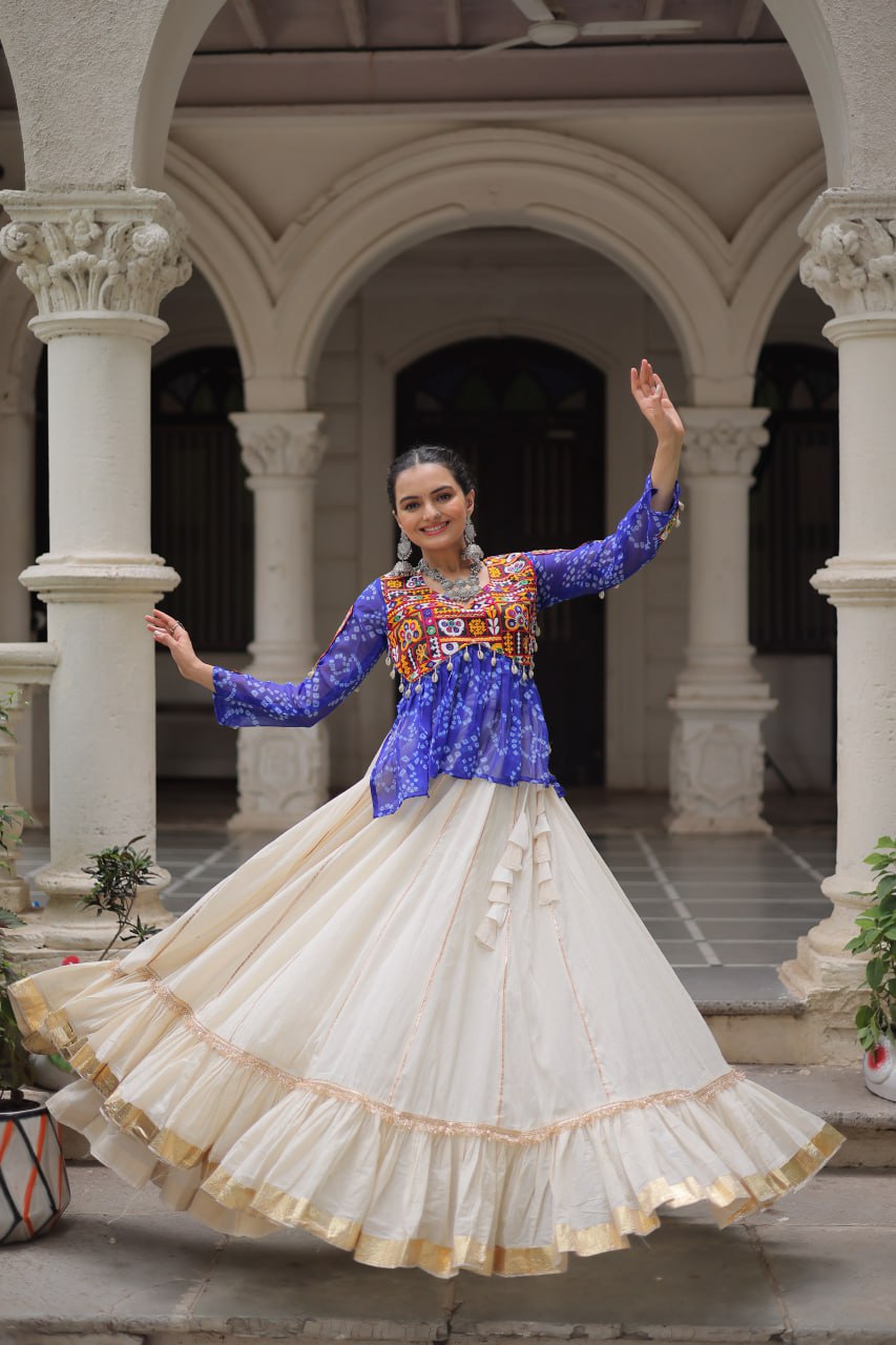 BLUE COLOR NAVRATRI SPECIAL KORA COTTON BASE STYLISH TOP WITH LEHENGA