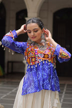 BLUE COLOR NAVRATRI SPECIAL KORA COTTON BASE STYLISH TOP WITH LEHENGA