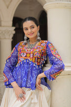 BLUE COLOR NAVRATRI SPECIAL KORA COTTON BASE STYLISH TOP WITH LEHENGA