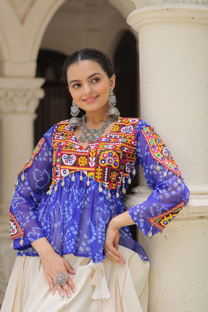 BLUE COLOR NAVRATRI SPECIAL KORA COTTON BASE STYLISH TOP WITH LEHENGA