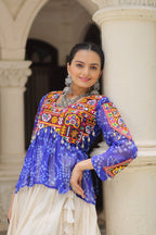 BLUE COLOR NAVRATRI SPECIAL KORA COTTON BASE STYLISH TOP WITH LEHENGA