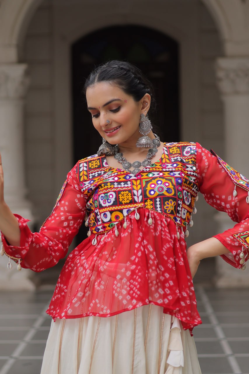 RED COLOR NAVRATRI SPECIAL KORA COTTON BASE STYLISH TOP WITH LEHENGA