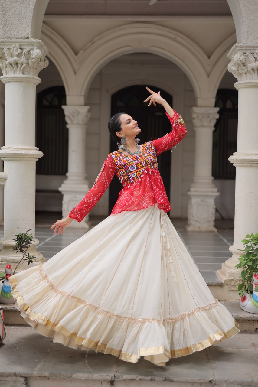 RED COLOR NAVRATRI SPECIAL KORA COTTON BASE STYLISH TOP WITH LEHENGA