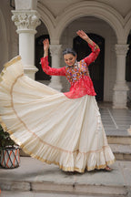 RED COLOR NAVRATRI SPECIAL KORA COTTON BASE STYLISH TOP WITH LEHENGA