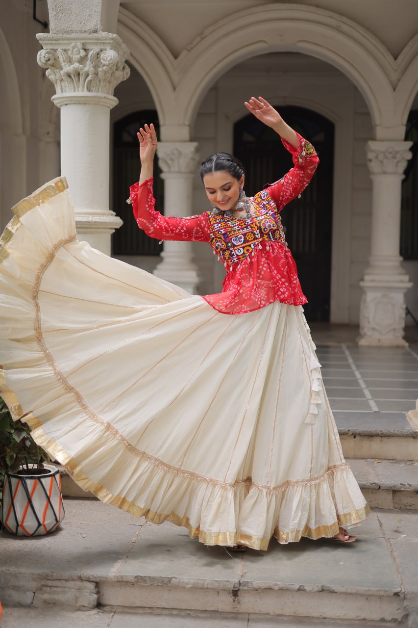 RED COLOR NAVRATRI SPECIAL KORA COTTON BASE STYLISH TOP WITH LEHENGA