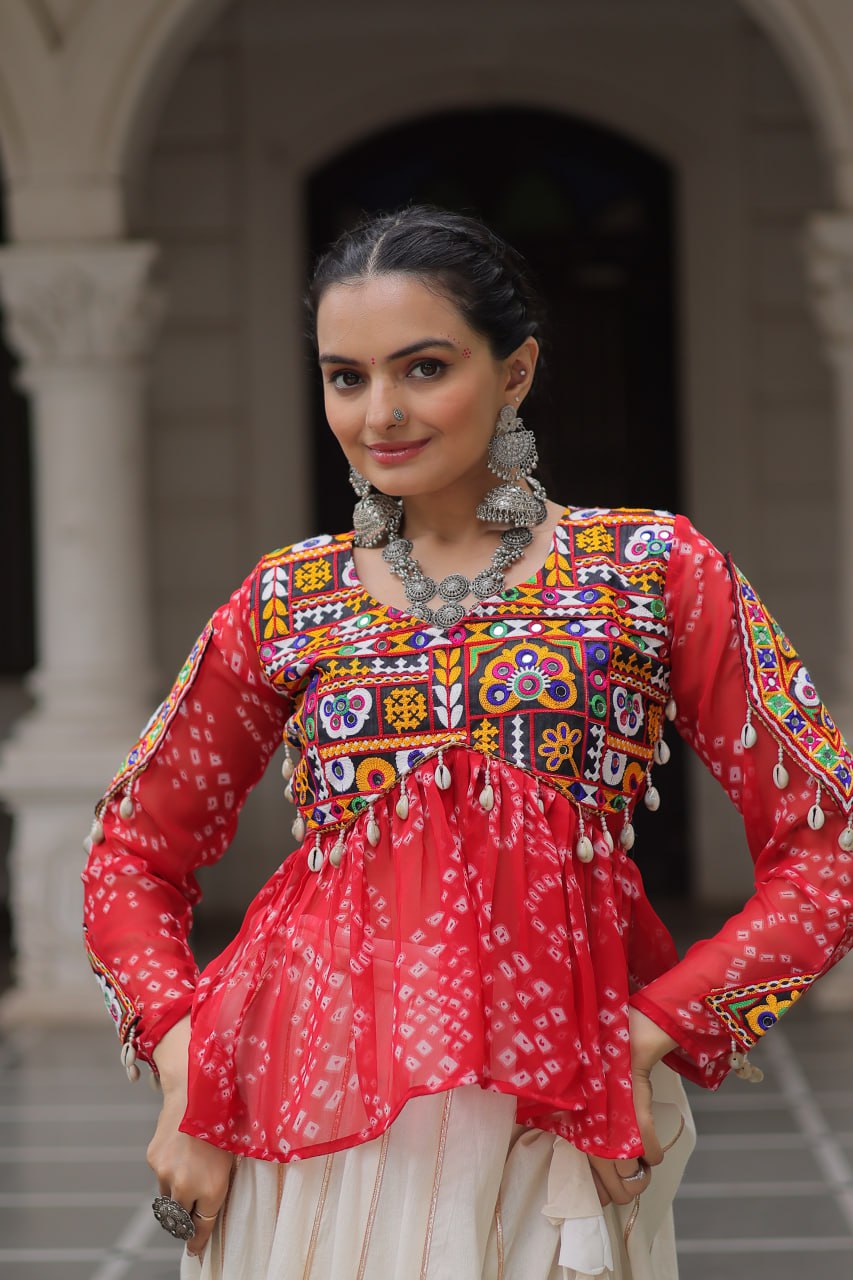 RED COLOR NAVRATRI SPECIAL KORA COTTON BASE STYLISH TOP WITH LEHENGA