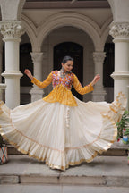 YELLOW COLOR NAVRATRI SPECIAL KORA COTTON BASE STYLISH TOP WITH LEHENGA