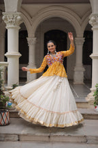 YELLOW COLOR NAVRATRI SPECIAL KORA COTTON BASE STYLISH TOP WITH LEHENGA