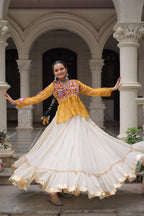 YELLOW COLOR NAVRATRI SPECIAL KORA COTTON BASE STYLISH TOP WITH LEHENGA