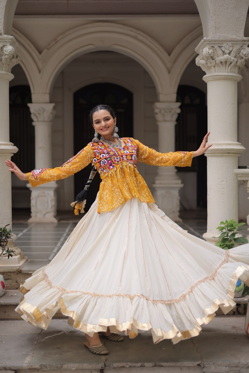 YELLOW COLOR NAVRATRI SPECIAL KORA COTTON BASE STYLISH TOP WITH LEHENGA