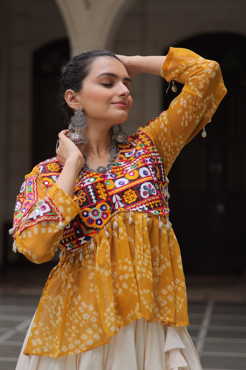 YELLOW COLOR NAVRATRI SPECIAL KORA COTTON BASE STYLISH TOP WITH LEHENGA