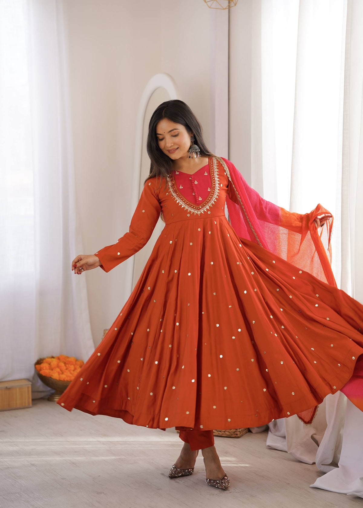 WEDDING & FESTIVE WEAR RUST ORANGE ROMAN SILK ANARKALI SET