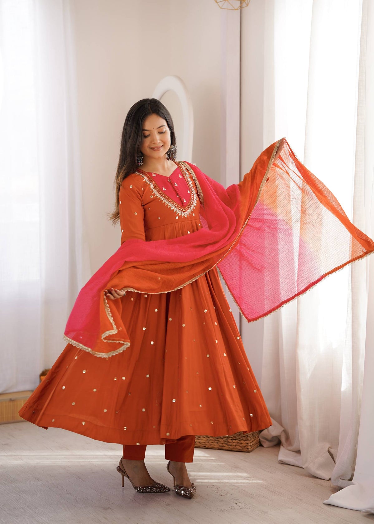 WEDDING & FESTIVE WEAR RUST ORANGE ROMAN SILK ANARKALI SET