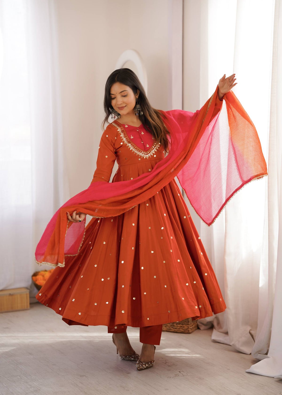 WEDDING & FESTIVE WEAR RUST ORANGE ROMAN SILK ANARKALI SET